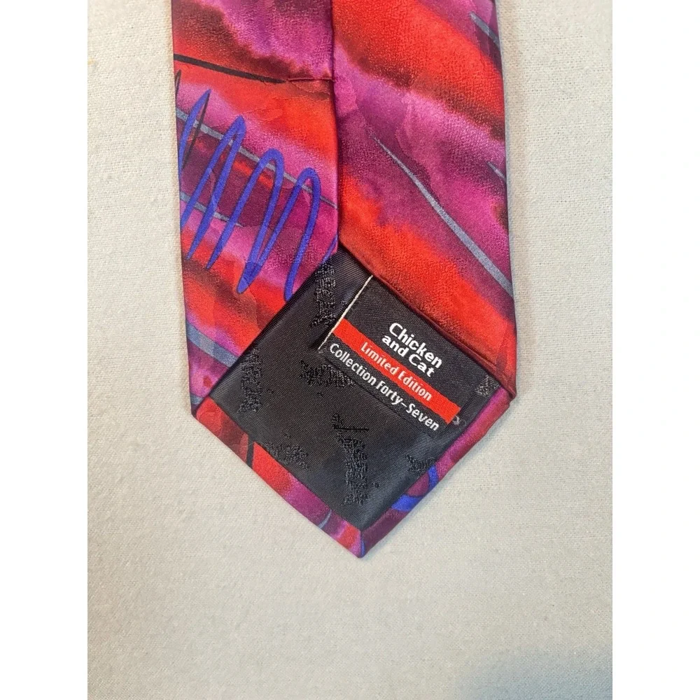 J Garcia Collection 47 Silk Tie Red Purple Chicken‎ Cat Limited Edition Art